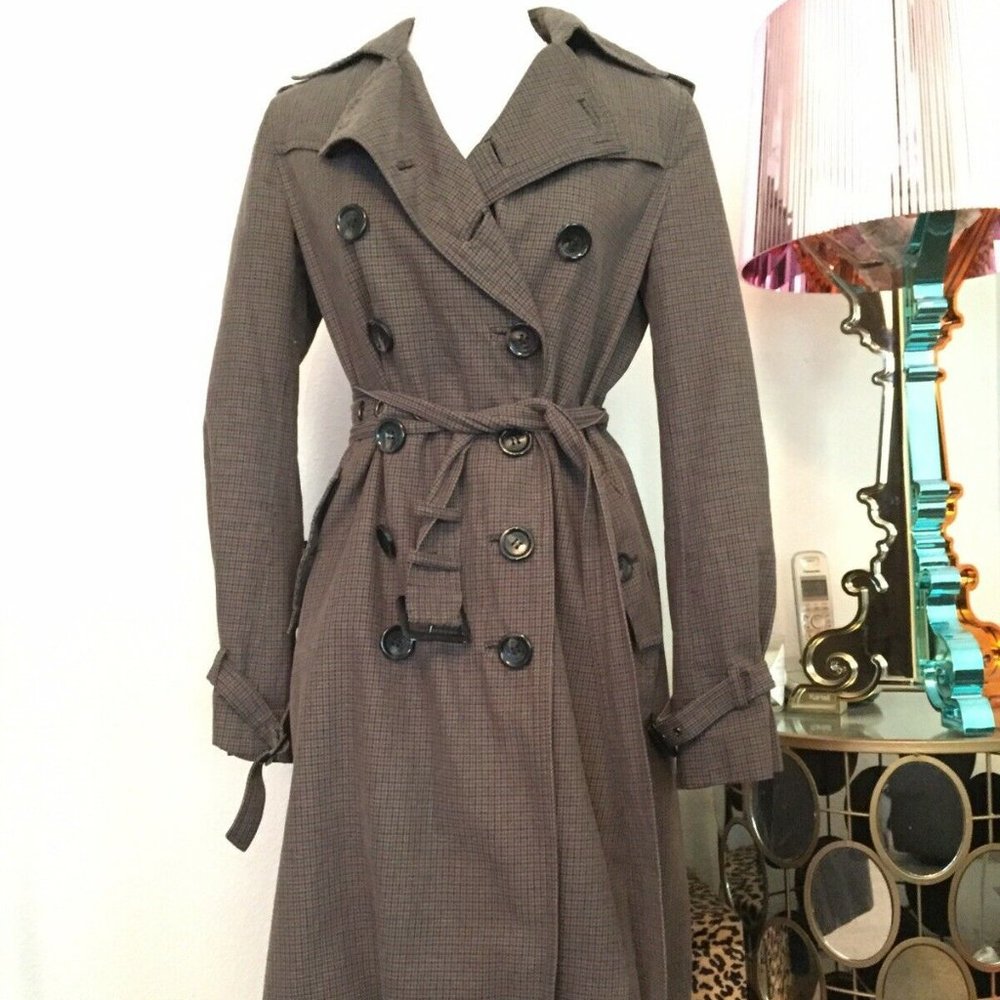 NAVE brown Trench Coat Jacket Sz 6/S GUC plaid